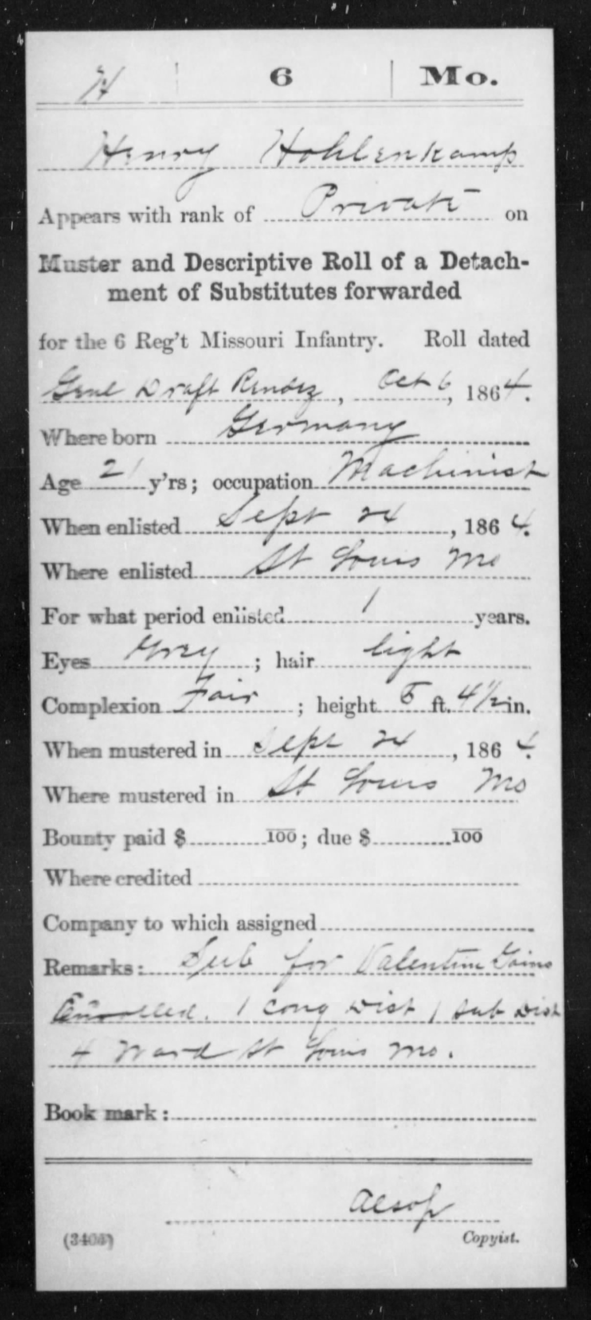 My paternal Great-Great-Great Grandfather's Civil War enlistment ~1864